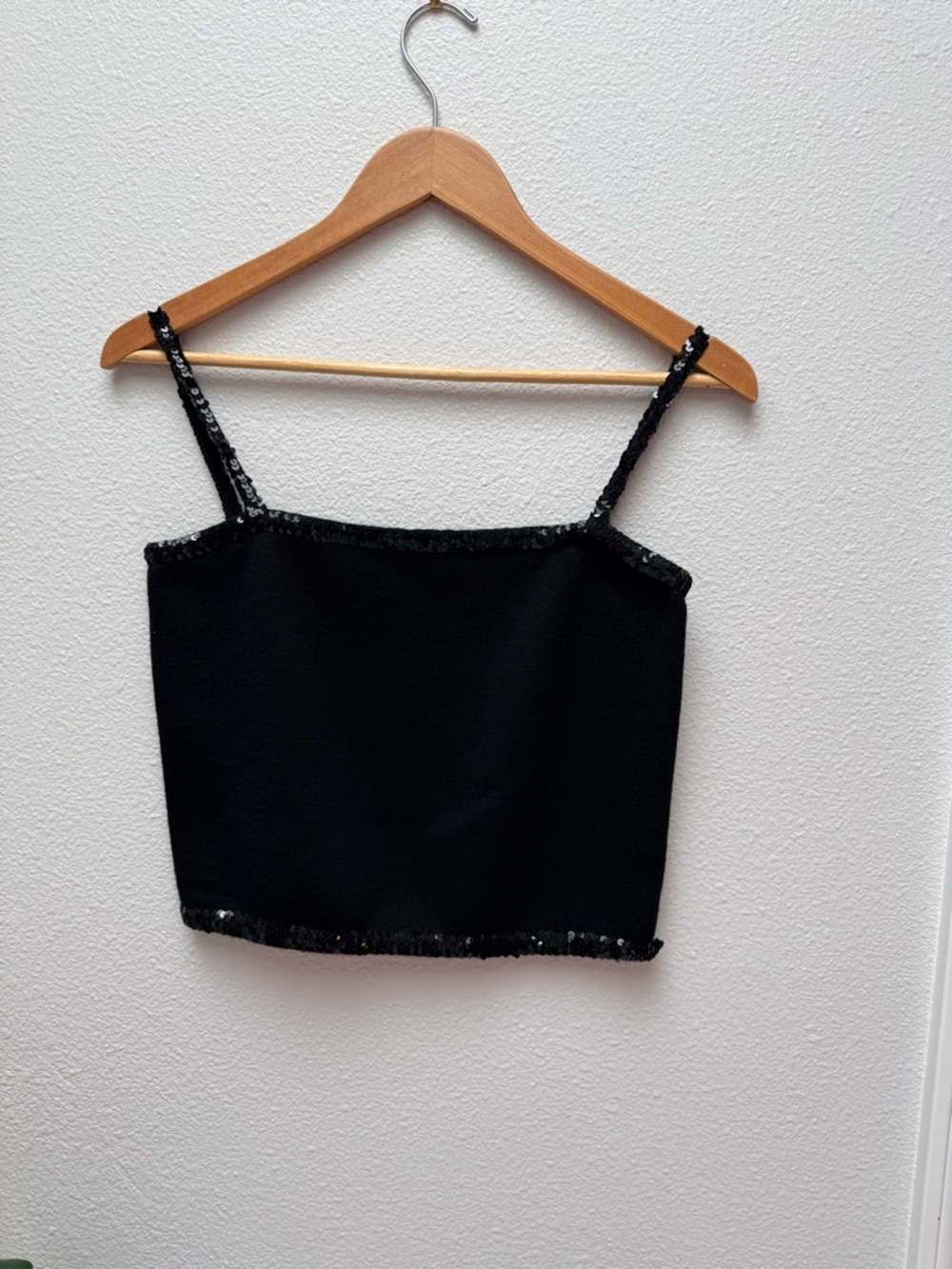 Italian Wool Sequin Trim Crop Tank Black Minimalist 90s Chic‎ Size XS/S
